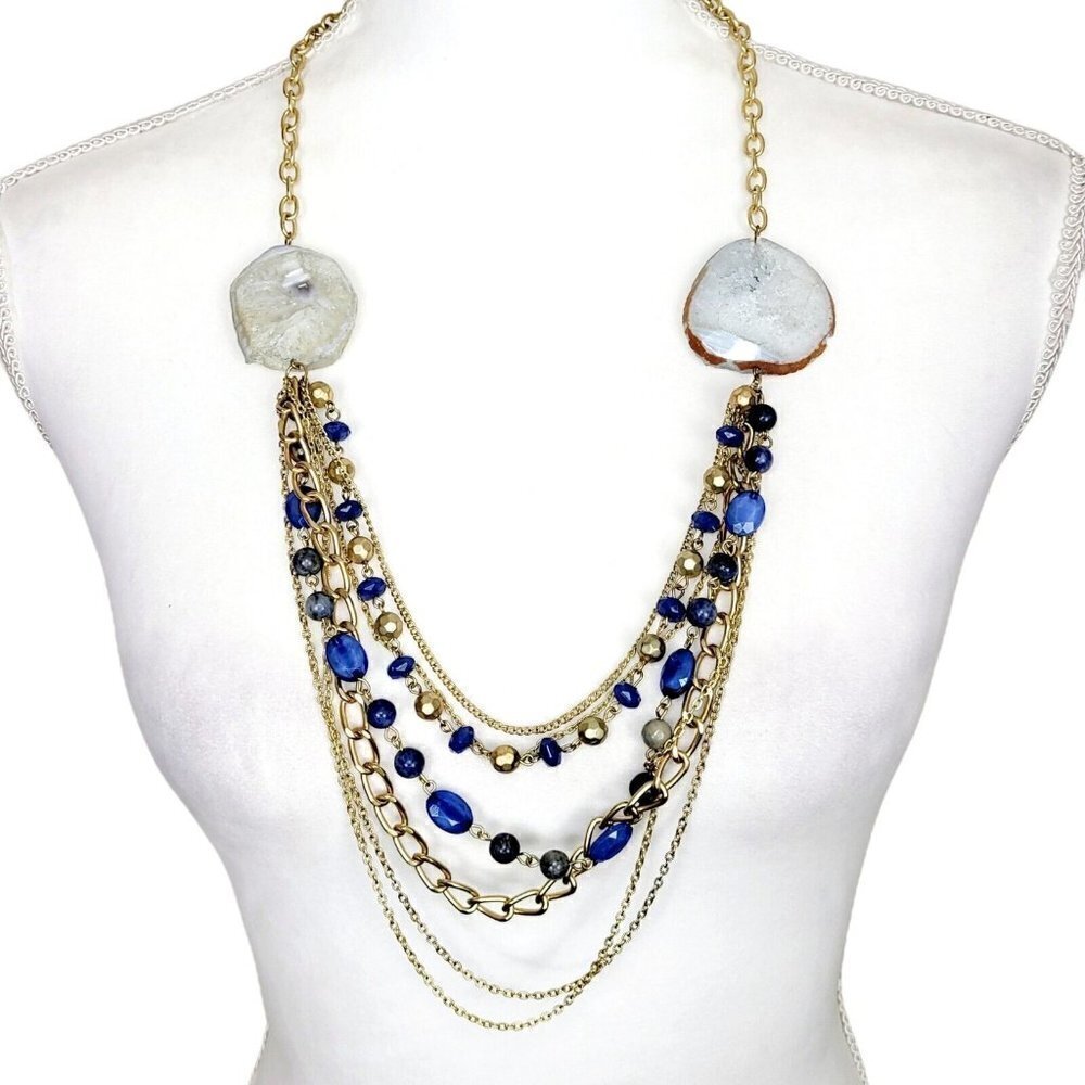 Large Multi-Gemstone Necklace Multi-Strand Gold Tone Statement Chains & Beads